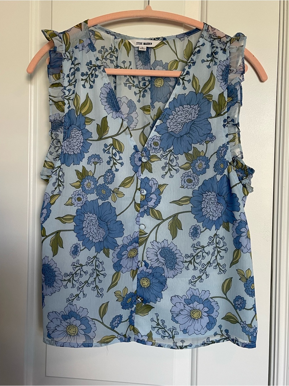 Steve Madden Light Blue Floral Ruffle-Trim Camisole Flowy Blouse Top